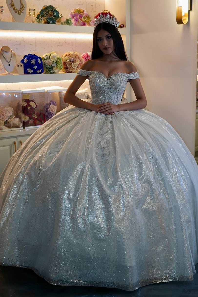 Vestidos de quinceañera estilo princesa con hombros descubiertos y apliques de tul brillante, vestidos de fiesta HE505