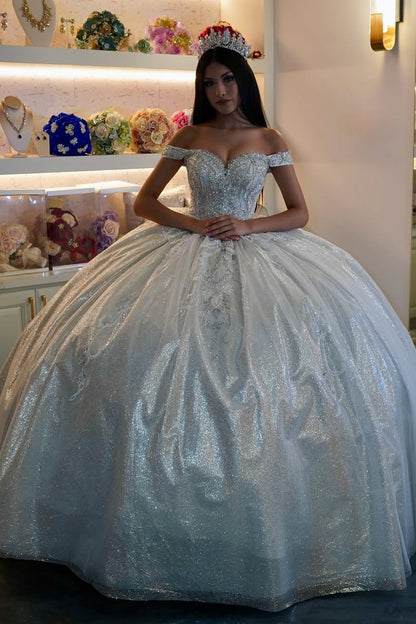 Vestidos de quinceañera estilo princesa con hombros descubiertos y apliques de tul brillante, vestidos de fiesta HE505