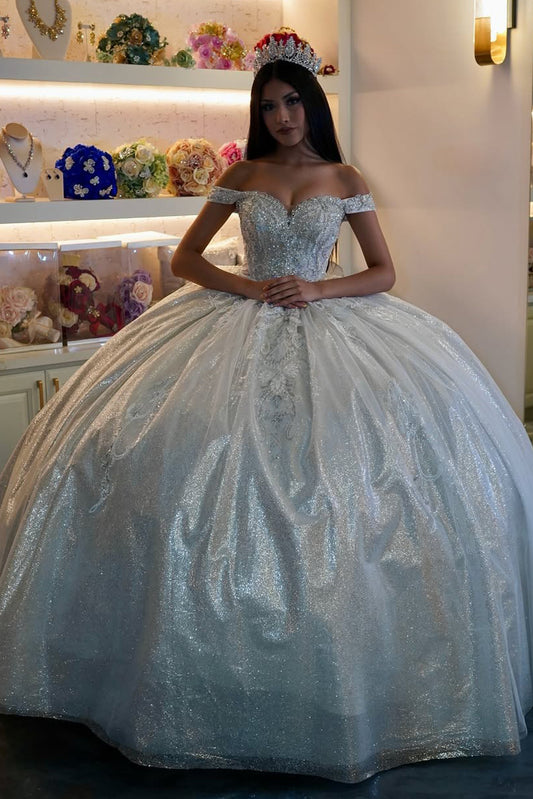 Princess Quinceanera Dresses Off Shoulder Glittery Tulle Appliques Prom Gowns HE505