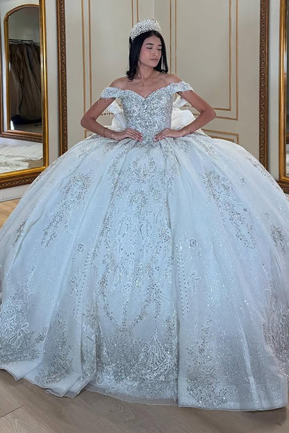 Vestidos de quinceañera con hombros descubiertos, tul princesa, apliques, vestidos de quinceañera HE530