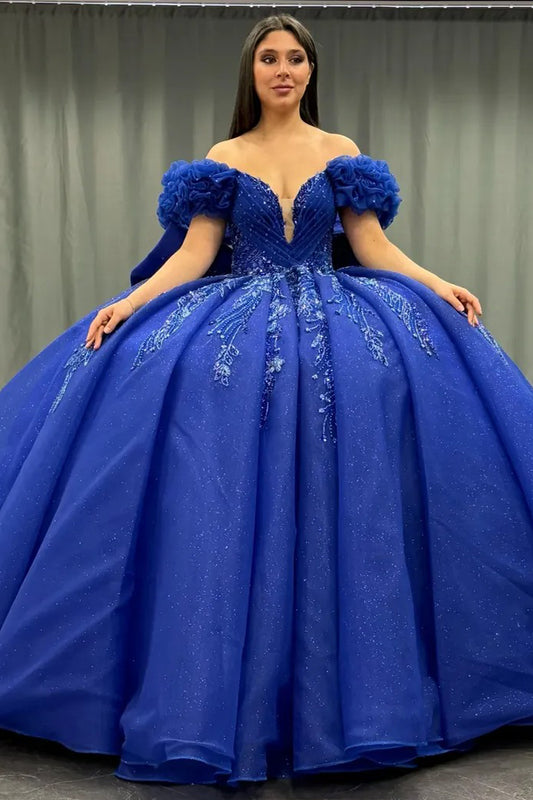 HE160-Vestidos de quinceañera azul real, vestido de baile de tul con encaje y cuentas, vestidos de fiesta con hombros descubiertos, vestidos de princesa para dulces 16 cumpleaños