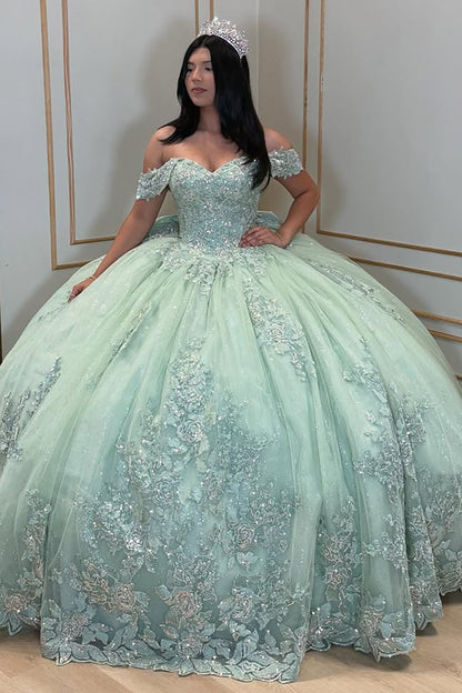 Vestidos de quinceañera con hombros descubiertos, tul princesa, apliques, vestidos de quinceañera HE530