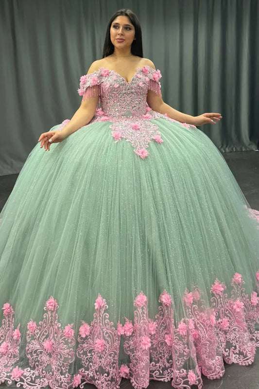 Vestidos de quinceañera estilo princesa con hombros descubiertos, tul verde y flores 3D, vestidos de fiesta HE438