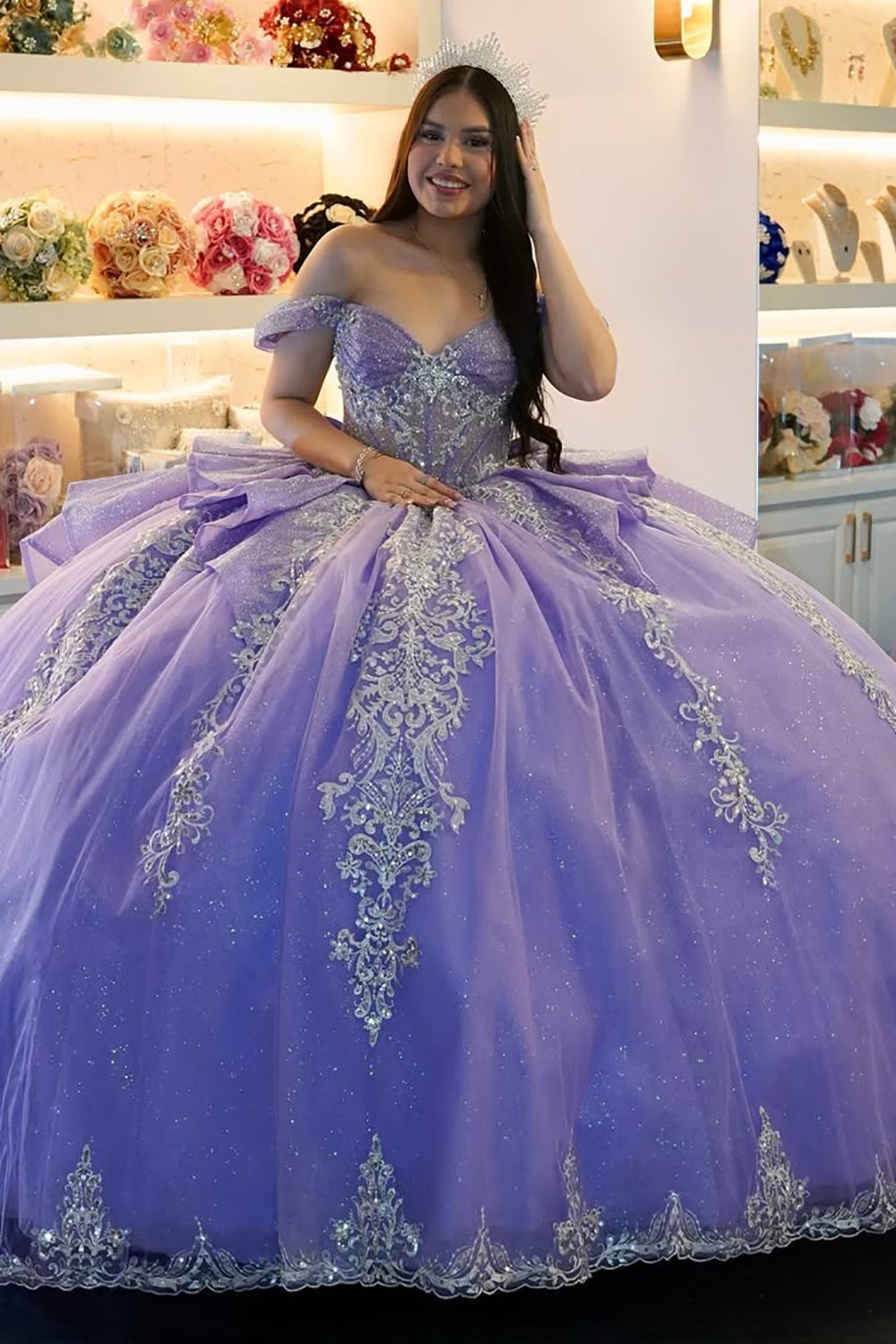 Glittery Tulle Appliqued Beaded Ball Gown Lilac Quinceanera Dresses with Bow HE660