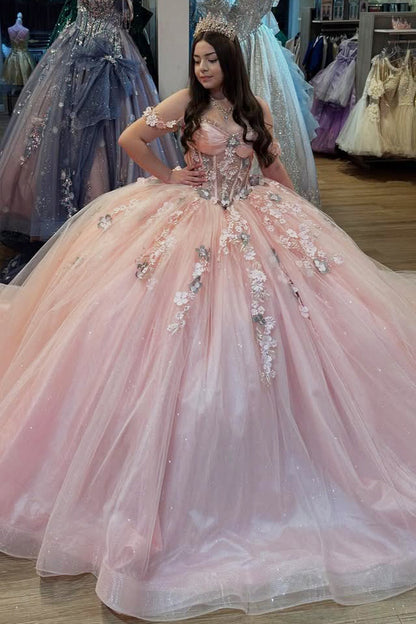 HE315-Off Shoulder Blush Sweet 16 Quinceanera Dresses Tulle 3d Flowers Beaded Birthday Prom Party Dresses