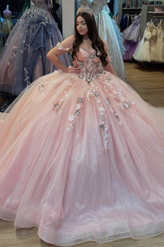 HE315-Off Shoulder Blush Sweet 16 Quinceanera Dresses Tulle 3d Flowers Beaded Birthday Prom Party Dresses