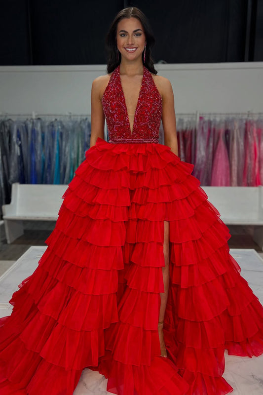HE367-A Line Tulle Ruffles Prom Dresses Long V Neck Sequin Beaded Evening Gowns Side Slit Party Dress for Women