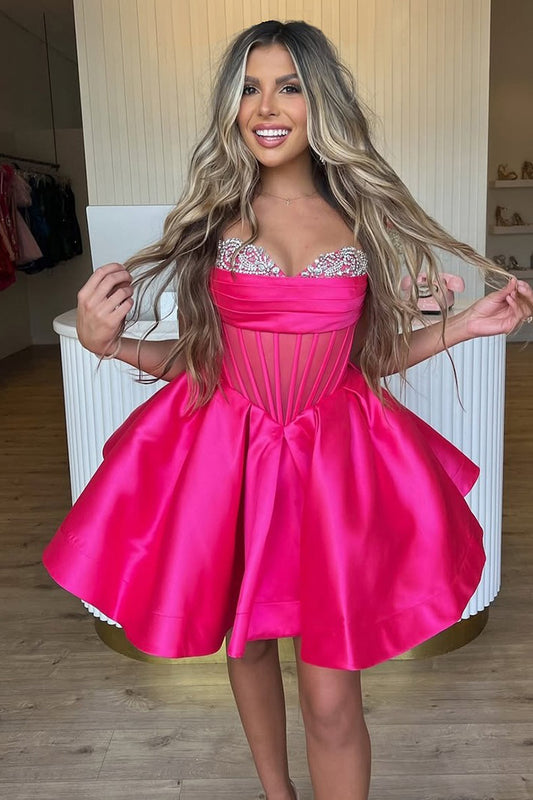 A Line Satin Beaded Homecoming Dresses Sweetheart Corset Party Gowns HE452