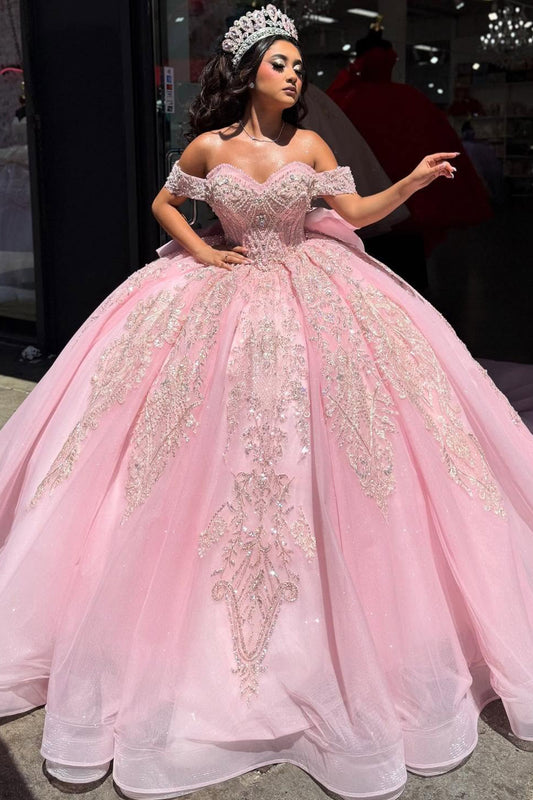 Vestidos de quinceañera con hombros descubiertos, tul princesa, apliques, vestidos de quinceañera HE530