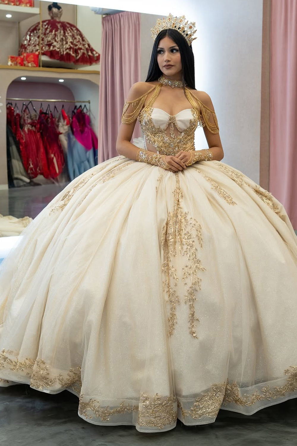 Champagne Tulle Beaded Appliqued Ball Gown Quinceanera Dresses for Swe –  Hebebridal