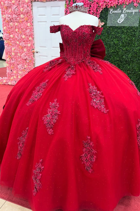 Vestidos de quinceañera con apliques rojos, estilo princesa, para fiesta de 16 años, HE500