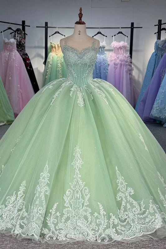 HE283-Gorgeous Ball Gown Quinceanera Dresses Tulle Lace Appliques Sweet 16 Gowns Sleeveless Birthday Party Dresses