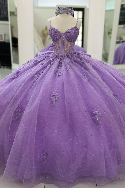 Lilac Sweetheart Princess Quinceanera Dresses Tulle Lace Beaded Party Gowns HE215
