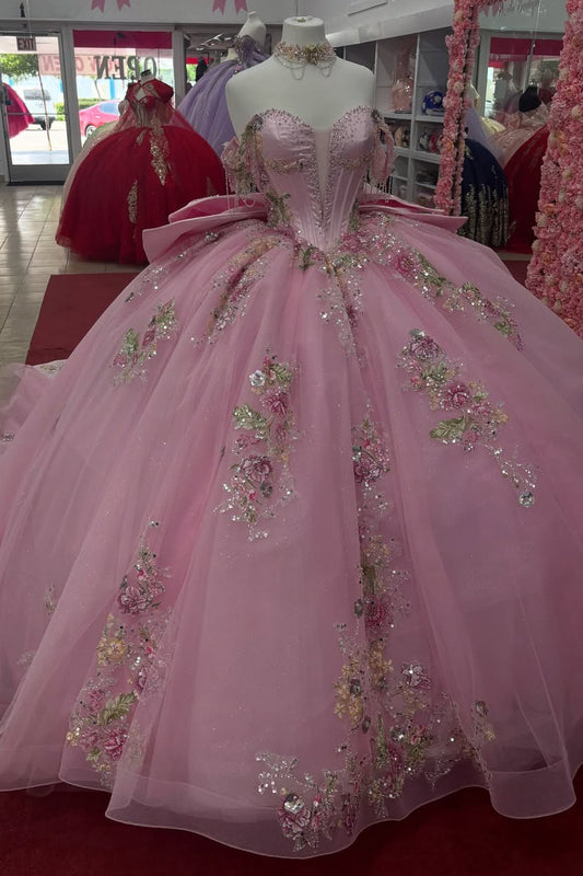 HE328-Pink Ball Gown Quinceanera Dresses Princess Tulle Appliqued Beaded Sweet 16 Princess Birthday Dresses