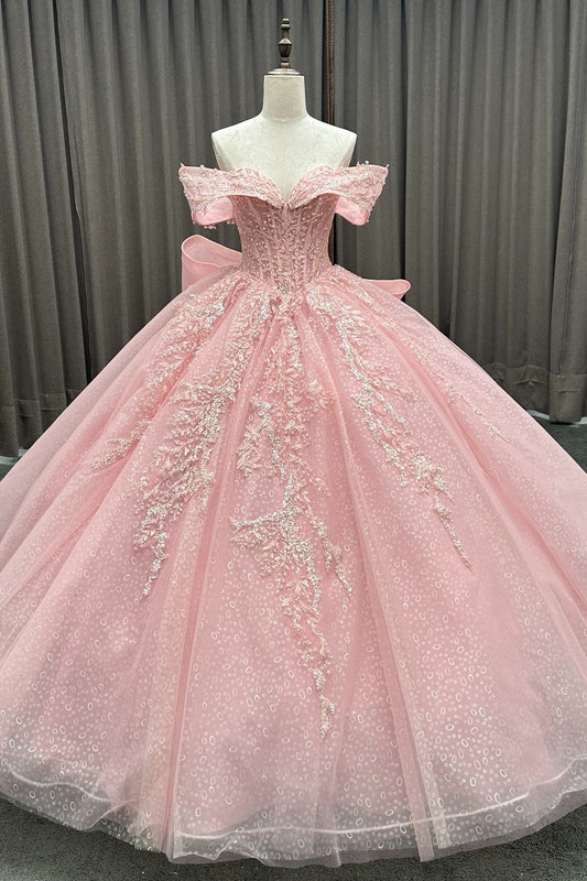 HE286-Pink Gorgeous Off Shoulder Quinceanera Dresses Tulle Lace Beaded Sweet 16 Sleeveless Birthday Party Dresses