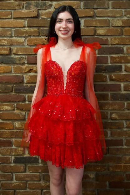 A Line Tulle Ruffles Homecoming Dresses Lace Appliqued Cocktail Gowns HE497
