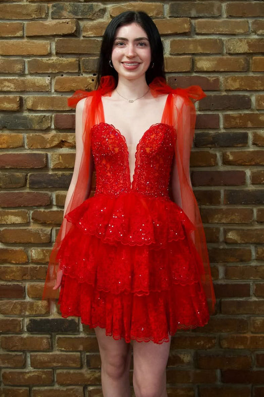 A Line Tulle Ruffles Homecoming Dresses Lace Appliqued Cocktail Gowns HE497