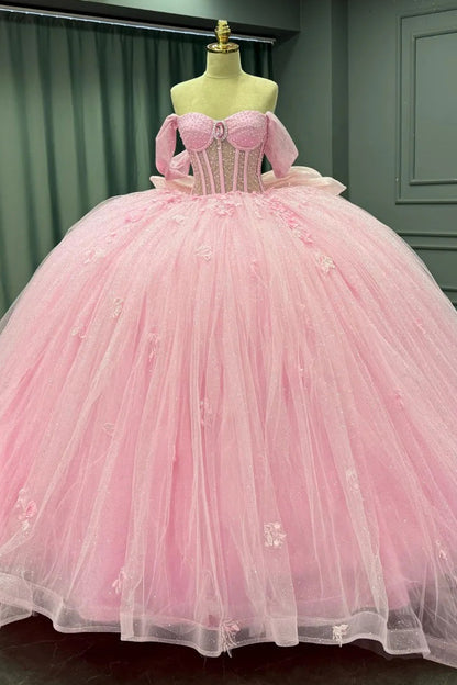 Princess Quinceanera Dresses Tulle Appliques Pink Sweet 16 Party Dress HE425