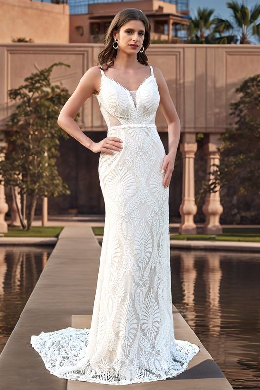Mermaid V Neck Boho Lace Wedding Dresses Plus Size Bride Wedding Gowns for Women HE861