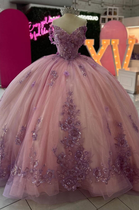 HE230-Vestido de princesa para quinceañera, hombros descubiertos, tul, apliques de encaje, para fiesta de cumpleaños de 16 años