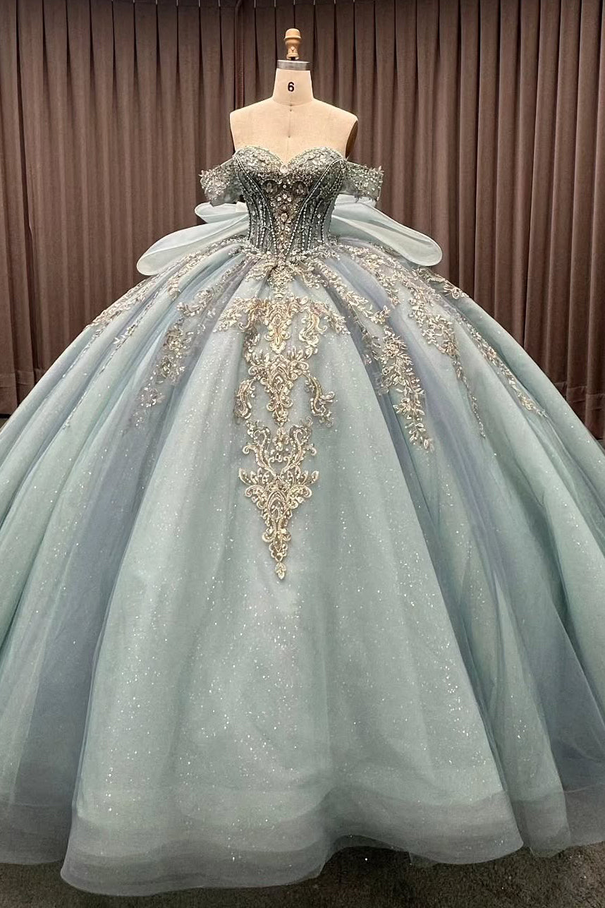 HE278-Off Shoulder Princess Quinceanera Dresses Ball Gown Glittery Tulle Lace Beaded Birthday Party Dresses for Sweet 16
