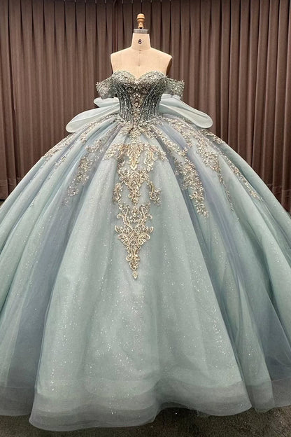 HE278-Off Shoulder Princess Quinceanera Dresses Ball Gown Glittery Tulle Lace Beaded Birthday Party Dresses for Sweet 16