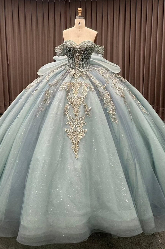 HE278-Off Shoulder Princess Quinceanera Dresses Ball Gown Glittery Tulle Lace Beaded Birthday Party Dresses for Sweet 16