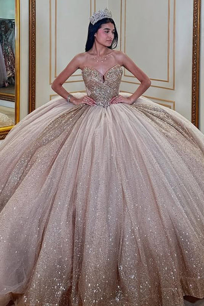 Vestidos de quinceañera de tul brillante con cuentas, estilo princesa, para cumpleaños de 16 años, HE423