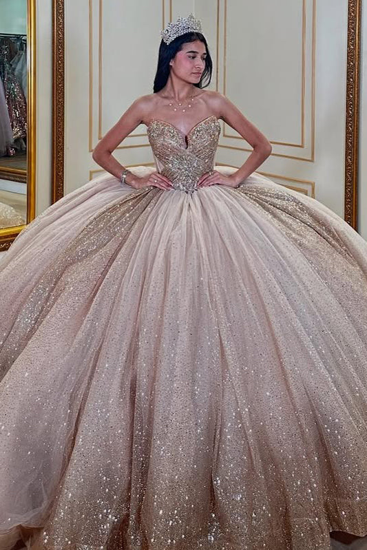 Vestidos de quinceañera de tul brillante con cuentas, estilo princesa, para cumpleaños de 16 años, HE423