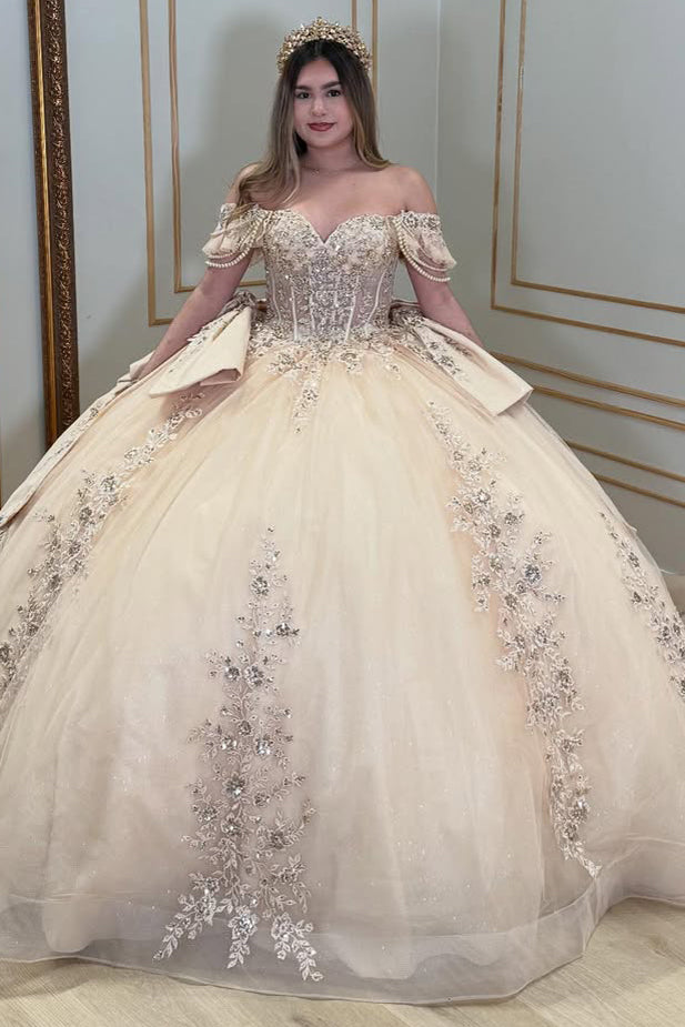 HE376-Champagne Tulle Appliques Quinceanera Dresses Ball Gown Princess Sweet 16 Birthday Prom Party Dresses