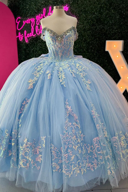 HE228-Vestido de quinceañera azul cielo estilo princesa, con hombros descubiertos, tul, encaje y cuentas, para fiesta de graduación y cumpleaños