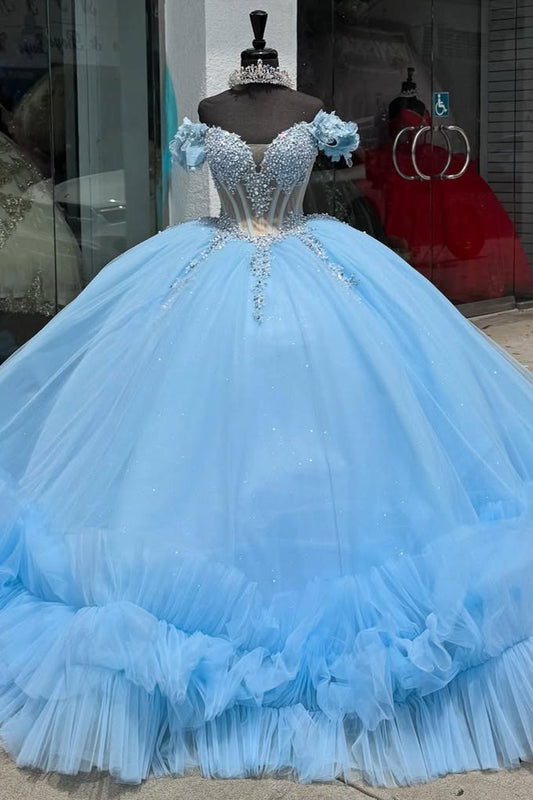 Vestidos de quinceañera azul cielo, estilo princesa, para fiesta de 16 años, HE430