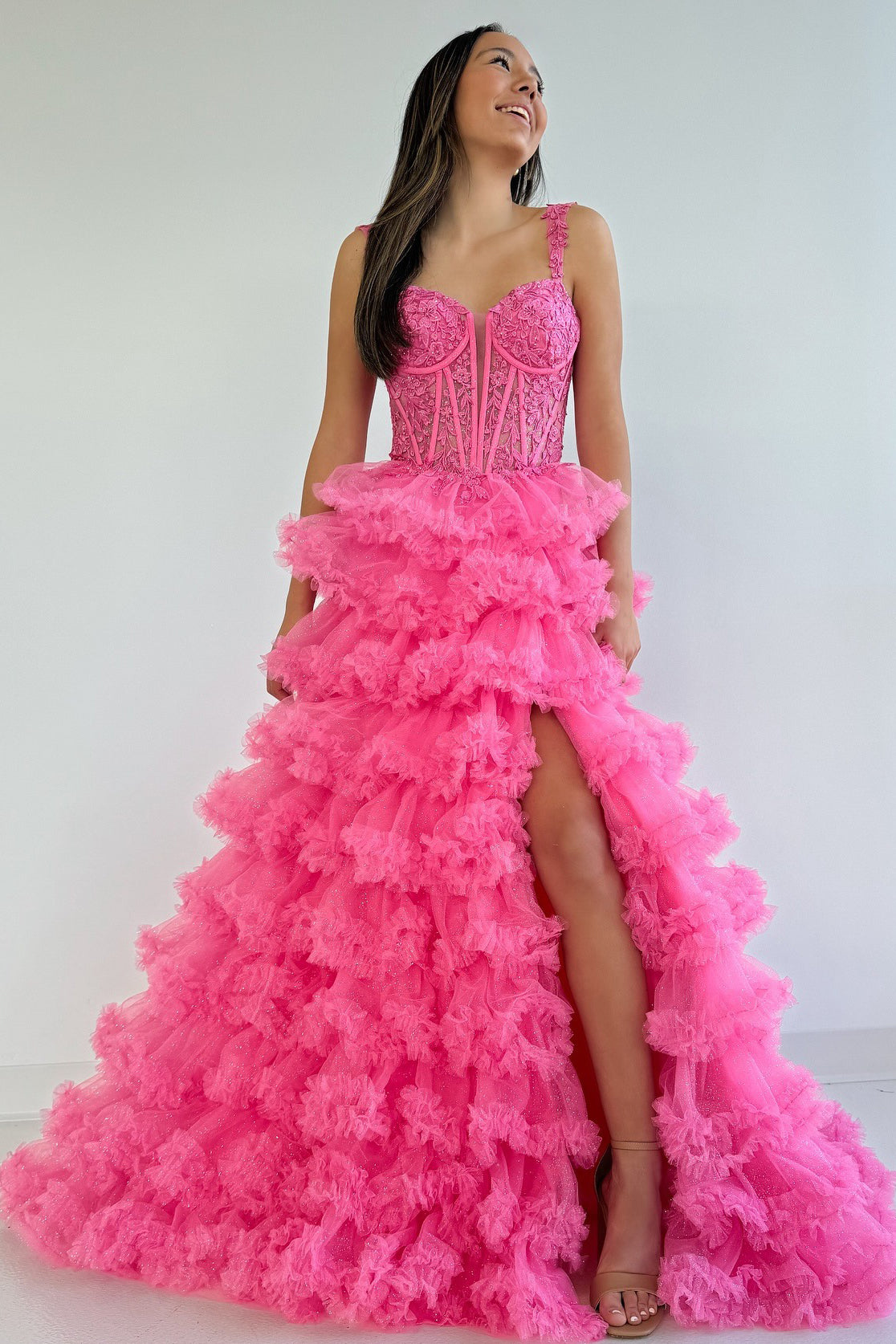 HE197-A Line Tulle Ruffles Prom Dresses with Slit Sweetheart Plus Size Evening Gowns Corset Lace Appliques Party Dresses Long