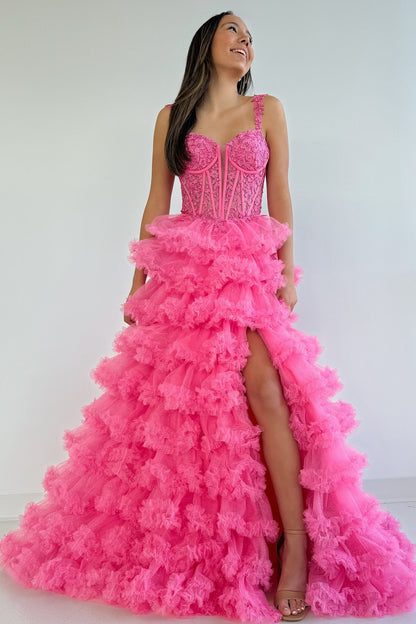 HE197-A Line Tulle Ruffles Prom Dresses with Slit Sweetheart Plus Size Evening Gowns Corset Lace Appliques Party Dresses Long