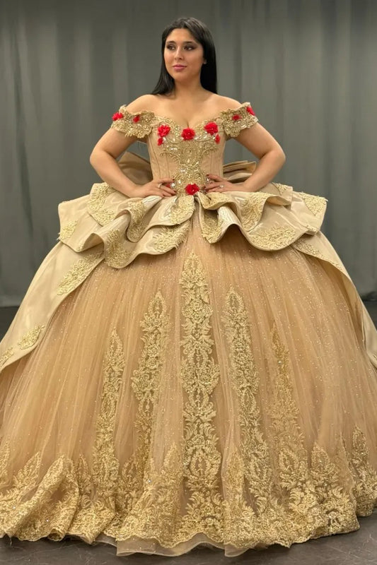 Vestidos de quinceañera dorados, vestido de baile, apliques de tul, vestidos de fiesta de cumpleaños para dulces 16, HE420