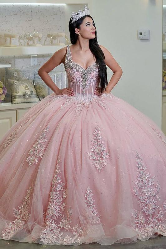 HE318-Gorgeous Ball Gown Quinceanera Dresses V Neck Tulle Appliques Party Gowns Princess Pink Sweet 16 Birthday Dresses