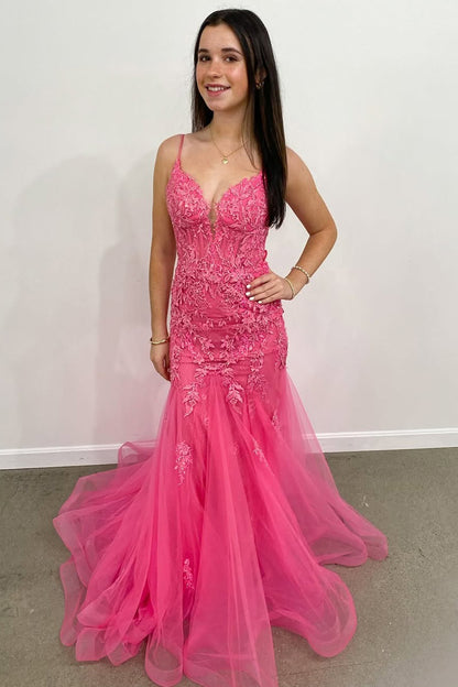 HE244-Mermaid Tulle Lace Beaded Prom Dresses for Women V Neck Hot Pink Formal Gowns Plus Size Evening Party Dresses
