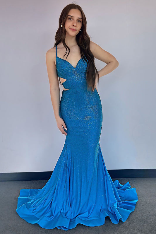 Vestidos de fiesta largos de sirena con escote en V y lentejuelas de satén con cuentas HE341