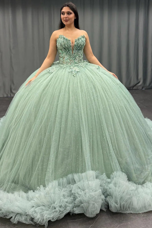 HE166-Gergeous Off Shoulder Ball Gown Quinceanera Dresses for Sweet 16 Tulle Lace Ruffles Princess Birthday Party Gowns with Detachable Sleeves
