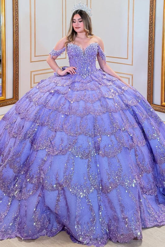 HE321-Glittery Tulle Ruffles Quinceanera Dresses Ball Gown Princess Sweet 16 Birthday Dress Off Shoulder Prom Party Gowns