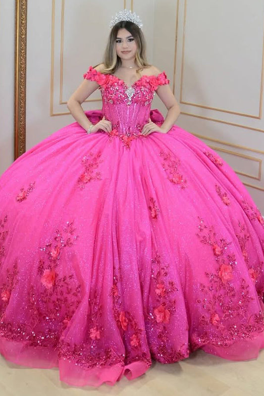 HE338-Princess Ball Gown Quinceanera Dresses Tulle 3d Flowers Sweet 16 Gowns Off Shoulder Prom Party Dresses