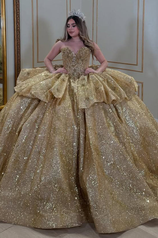 HE324-Gold Glittery Tulle Princess Quinceanera Dresses Ball Gown Sweetheart Ruffles Birthday Prom Party Gowns for Sweet 16