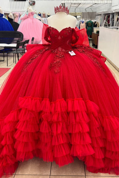 HE327-Ball Gown Red Quinceanera Dresses Off Shoulder Tulle Ruffles Prom Gowns Princess Appliqued Sweet 16 Birthday Party Dress