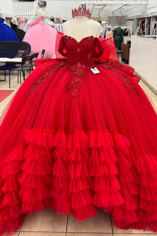 HE327-Ball Gown Red Quinceanera Dresses Off Shoulder Tulle Ruffles Prom Gowns Princess Appliqued Sweet 16 Birthday Party Dress