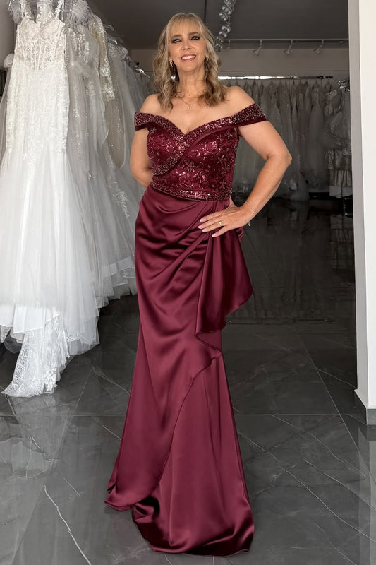 HE359-Women's Off Shoulder Mermaid Prom Dresses Satin Appliqued Beaded Evening Dresses Long Plus Size Party Gowns