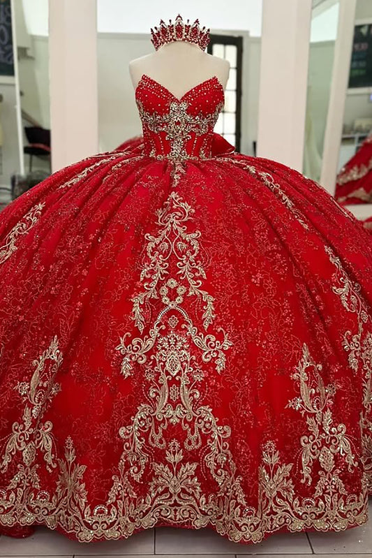 Princess Ball Gown V Neck Lace Appliqued Red Quinceanera Dresses with Ruffles HE684