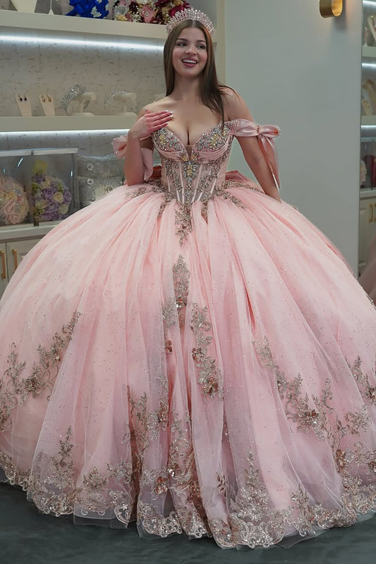 Vestidos de quinceañera con hombros descubiertos, tul princesa, apliques, vestidos de quinceañera HE530