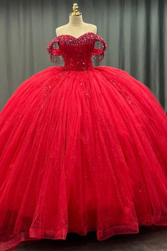 HE174-Vestido de quinceañera de tul rojo con cola larga, vestido de princesa con cuentas, vestido de fiesta de graduación sin mangas con hombros descubiertos para dulces 16