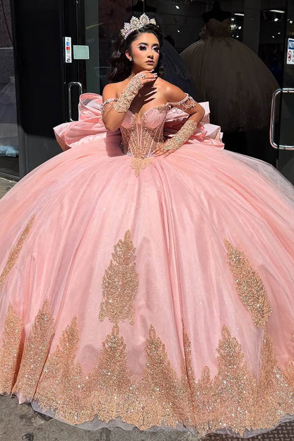 Vestidos de quinceañera con hombros descubiertos, tul princesa, apliques, vestidos de quinceañera HE530