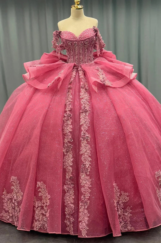 HE173 - Hermosos vestidos de quinceañera con hombros descubiertos, vestido de princesa con apliques de encaje de tul brillante y lazo.